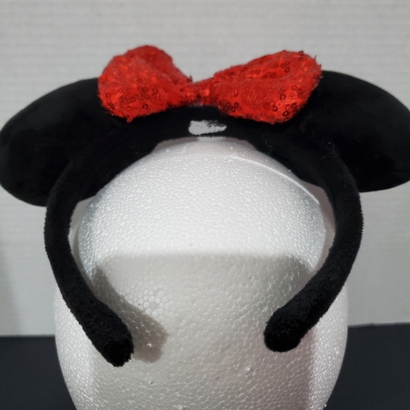 Disney Parks Minnie Mouse Black Plush Ears Red Seqin Bow Headband L👀K - Picture 5 of 8
